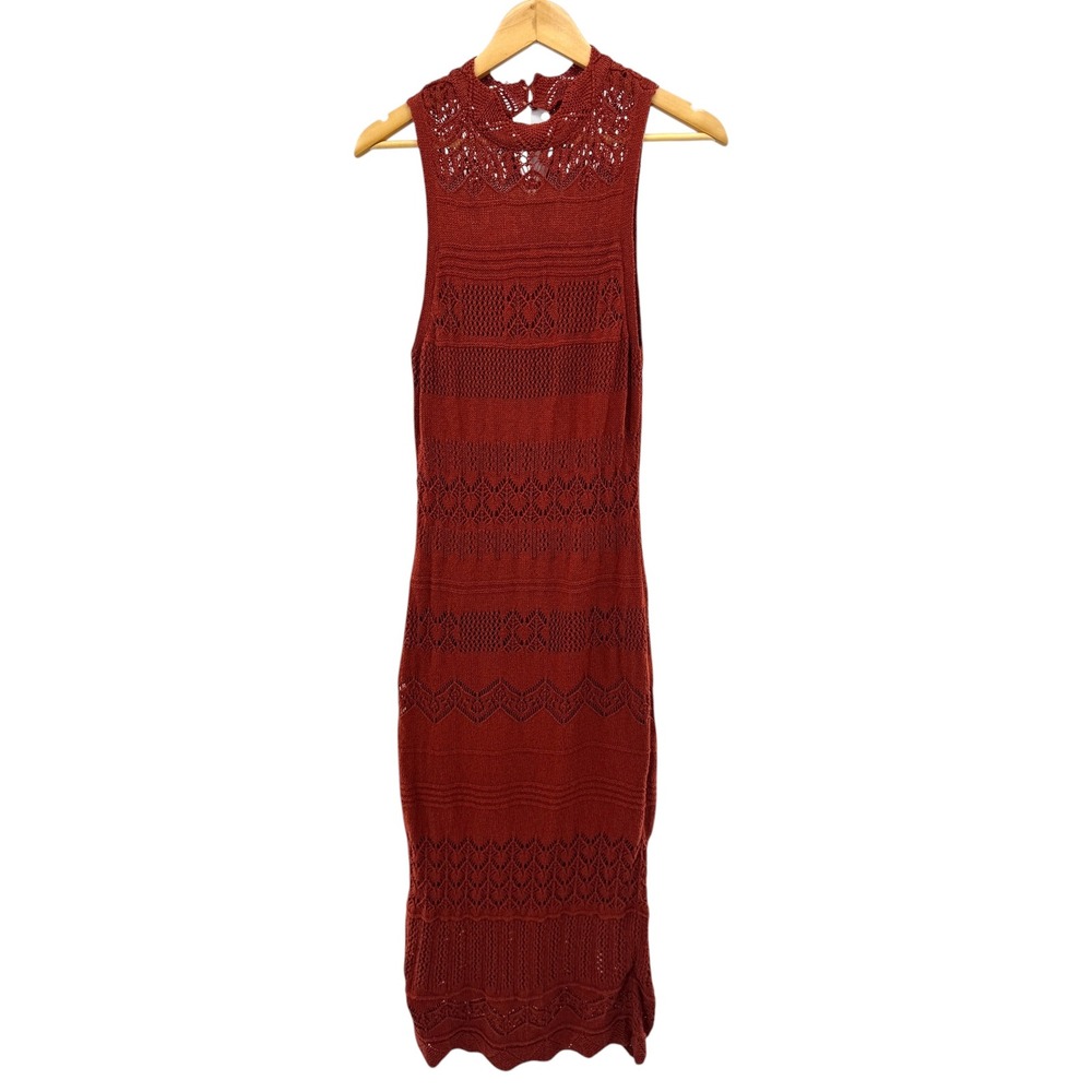 Anthropologie Open Knit Maxi Dress Rust Brown Womens M Boho Hippie 70s Crochet